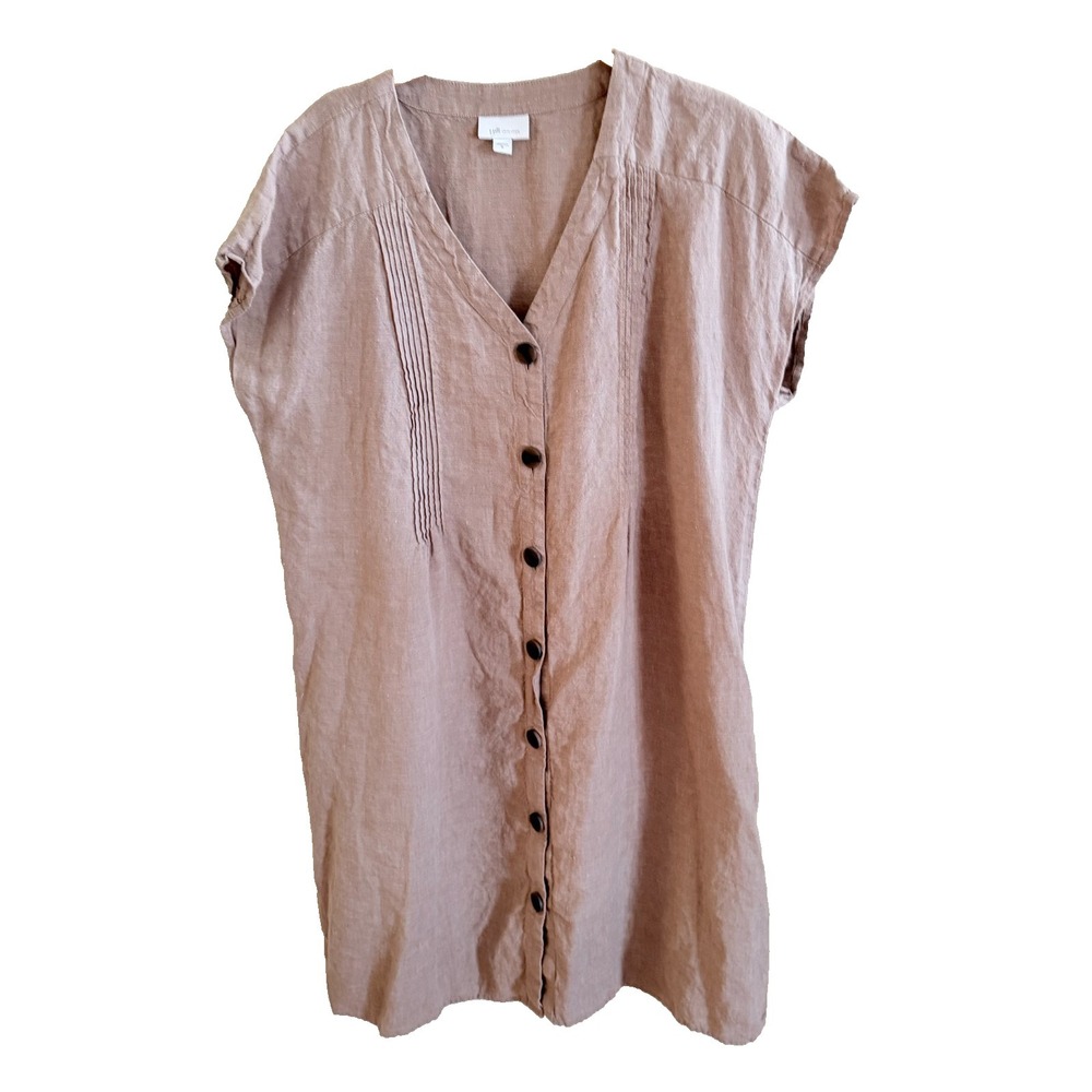 J Jill Love Linen Shirt Dress M Khaki Pintuck Pleats Button Front Cap‎ Sleeve